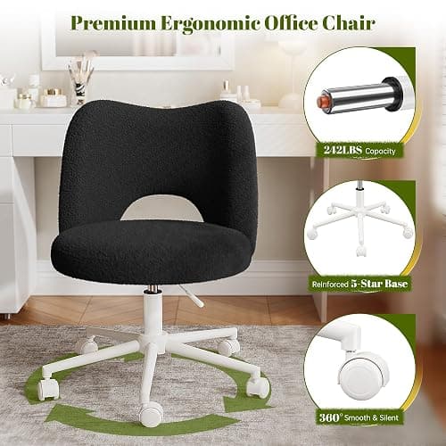 DurayLoly Small Vanity Chair with Silent Wheels Black, Cute Vanity Chair with Back,Ultra-Plush Fleece Cute Desk Chair, Small Office Chair Height Adjustable,for Make-up Room,Bedroom thumbnail 8