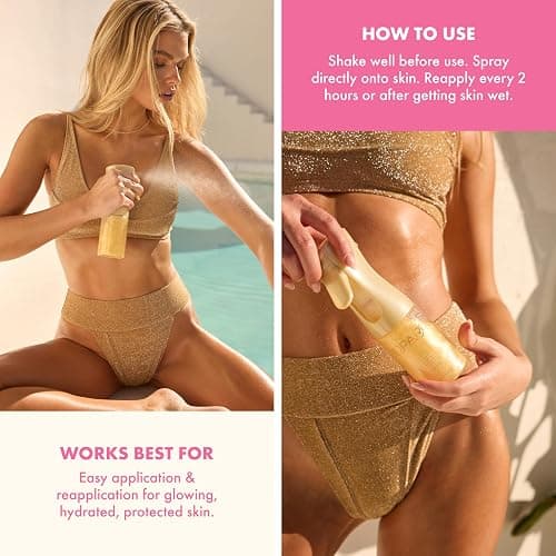 Kopari Golden Sunglaze Sheer Body Mist Sunscreen SPF 50, Infused with Shimmering Body Oil, Hydrating Mist, Hydrates, Brightens, Gives Skin a Glowy Finish, Lightweight, Fast-Absorbing. thumbnail 7