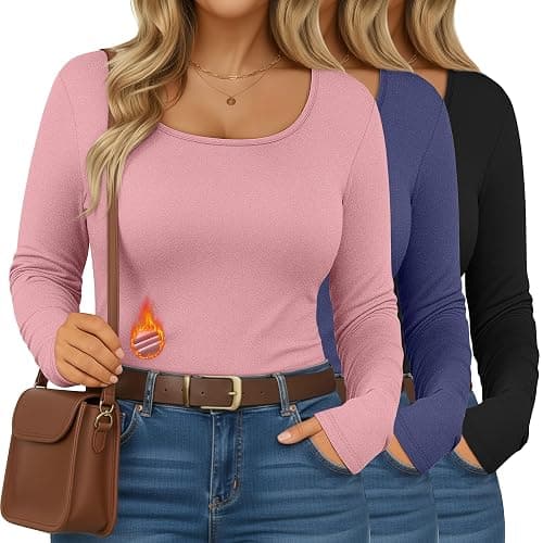 Ficerd 3 Pack Women's Plus Size Thermal Shirts Fleece Lined Scoop Neck Long Sleeve Tops Fitted Winter Base Layer Underwear - Image 1