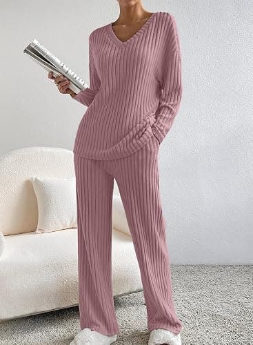 SHEWIN Women's Pajama Sets Long Sleeve Short Sleeve 2 Piece Lounge Sets Ribbed Knit Sweater Sleepwear thumbnail 5