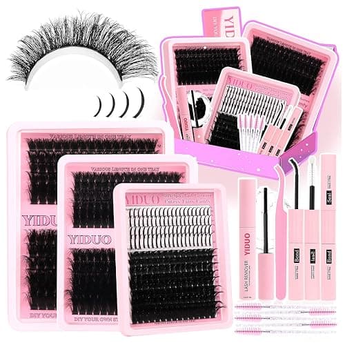 YIDUO 575Pcs Lashes Clusters Kit with Glue and Removers, D Curl Volume 150D+200D Thick+Spiky Lashes Extension, 12-21mm Thick Extension Eyelashes DIY Individual False Eyelash Kit DIY at Home Easily - Image 1