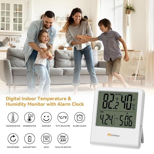 Indoor Thermometer, Room Thermometer and Hygrometer with Clock, Temperature and Humidity Meter with Clock, Double Comfort Indicator, Time, Date(White) thumbnail 3