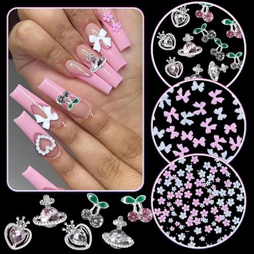 3D Nail Charms and Gems Rhinestone Cherry Heart Planet Nail Charms, Junk Case Charms, Assorted Bows Flowers Butterfly Rose Star Heart Hollow Nails Art Charms for Nails Art DIY thumbnail 4