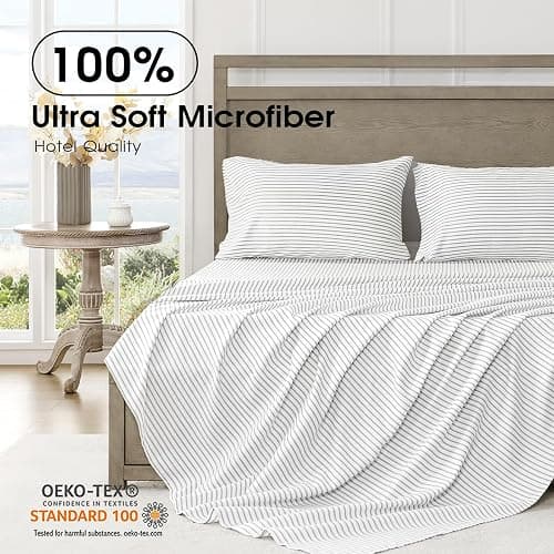 FreshCulture Full Size Bed Sheets - Ultra Soft Striped Sheets - Brushed Microfiber - Deep Pockets up to 16" - Easy Care - Hotel Luxury 4 Piece Striped Sheets Full, Stripe Grey thumbnail 3