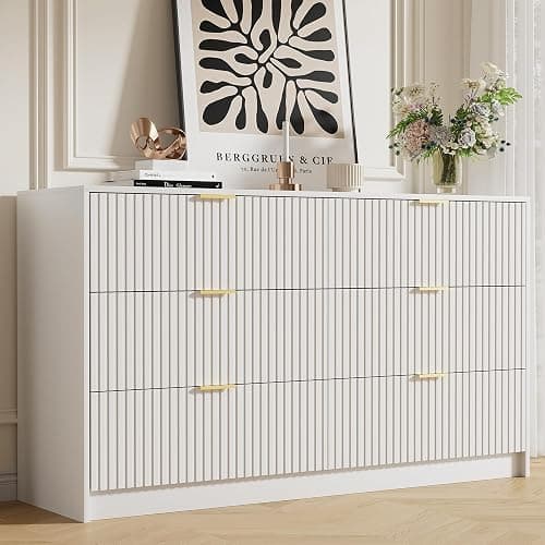 Furniway White Dresser for Bedroom, Modern Dresser with 6 Drawers and Smooth Slides, Wide Chest of Drawers with Golden Handles for Bedroom, Living Room, Closet, 15.7" D x 55.1" W x 31.4" H - Image 1