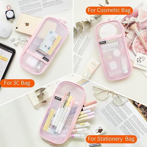 EASTHILL Grid Mesh Pen Pencil Case with Zipper Clear Makeup Color Pouch Cosmetics Bag Multi-Purpose Travel School Teen Girls and Boys Transparent Stationary Bag Office Organizer Box for Adluts(Pink) thumbnail 6