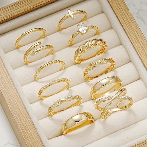 FAXHION 12 PCS Dainty 14K Gold Rings for Women, Eternity Open Chunky Twist Simulated Diamond Criss Cross Designs, Non Tarnish Gold Plated Stacking Thumb Ring, Perfect for Wedding Bands Size 5-11 thumbnail 7