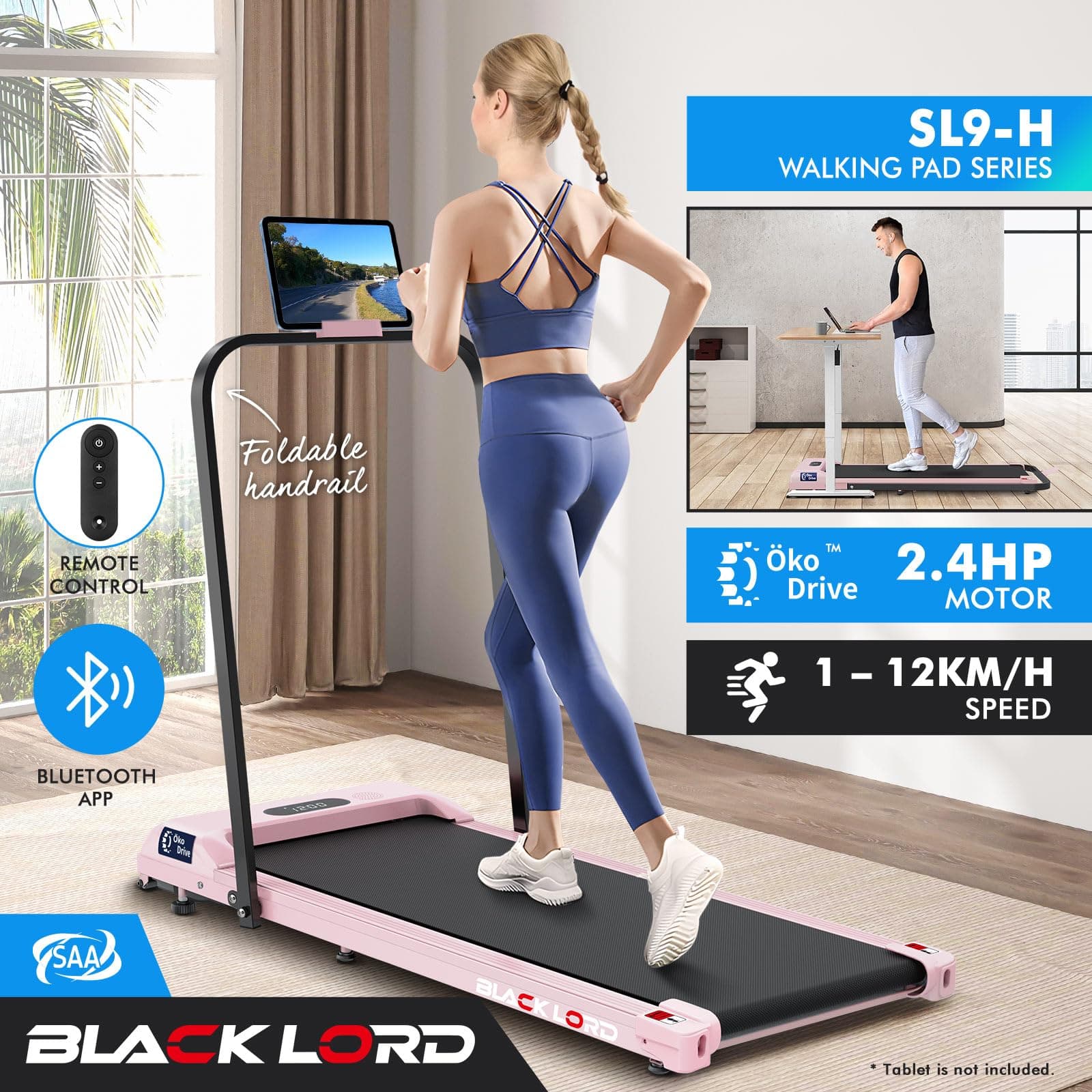 BLACK LORD Foldable Walking Pad Treadmill with Handle 2.4HP, 380mm Belt Running Machine for Home Gym, Portable Under Desk Treadmill Trainer with Remote Control, SL9-H Series thumbnail 2