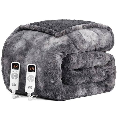 EHEYCIGA Faux Fur Heated Electric Blanket King Size - 9 Heating Levels, 10 Hours Auto Off, Soft Cozy Washable Dual Control With Fast Heating, 90 x 100 Inches - Image 1