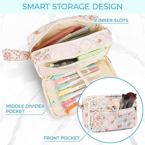 WOBAGMEN Quilted Pencil Pouch for Girls Women, Large Pencil Case Pouch with Compartments Cute Aesthetic Pencil Case Organizer, Floral Pencil Bag for School Supplies (coloful blue) thumbnail 5