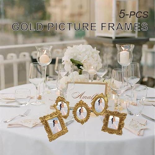 mozhixue 5 Pcs Mini Gold Frames - Small Gold Vintage Flower Oval Rectangle Baroque Frames Table Top Frame for Christmas Holiday Party Decor thumbnail 4