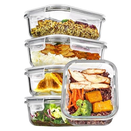 Vtopmart 5Pack 22oz Glass Storage Containers with Lids, Grey | Glass Meal Prep Food Container Sets, Snap Airtight Lid, For Microwave, Oven, Freezer and Dishwasher, BPA Free - Image 1