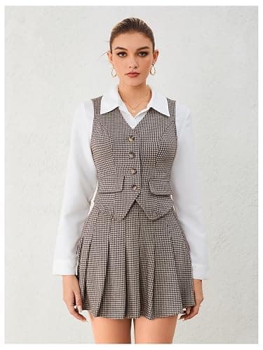Milumia Women's Plaid Skirt Sets 2 Piece Outfits Blazer Vest Top and Pleated Mini Skirt Suit thumbnail 3
