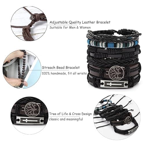 FIRAZIO 27Pcs Braided Leather Bracelets for Men Women Wrap Wood Beads Cuff Bracelet Hemp Cords Ethnic Tribal Handmade Wrap Wristband Bracelets Set Adjustable thumbnail 3