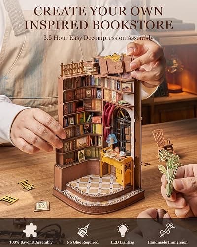 Rolife DIY Book Nook Kit Silent Corner Study, 3D Puzzles Creative British Bookend Bookshelf Decor for Adults, Tiny House Miniature Kits Model Building Kits, DIY Crafts/Gifts for Teens & Book Lovers thumbnail 7