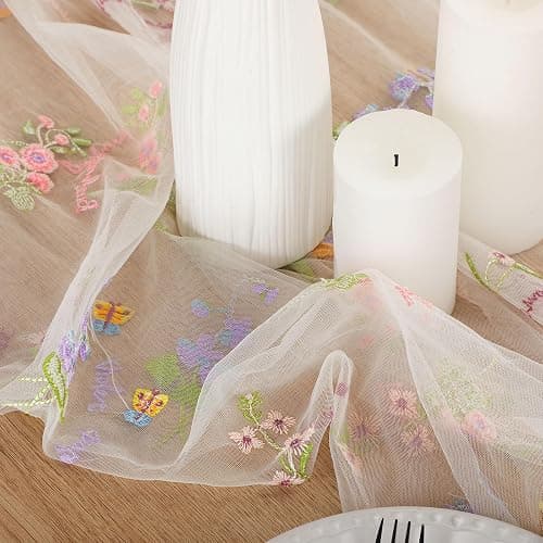 Windkream Ivory White Wildflower Table Runner 10ft Embroidery Tulle Floral Spring Table Runner, Seasonal Summer Butterfly Kitchen Dining Decoration for Wedding Baby Bridal Shower Birthday Party thumbnail 5