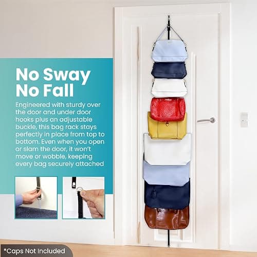 Perfect Curve Handbag and Purse Organizer | Hold up to 18 Bags | Over The Door Organizer for Purses and Handbags | Adjustable Clips | 2 Straps | Black thumbnail 3