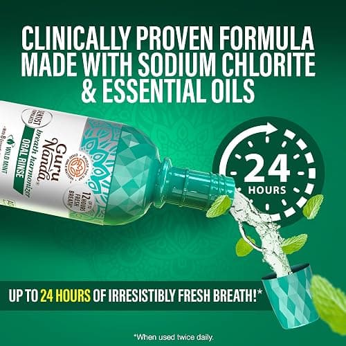 GuruNanda Fresh Breath Mouthwash, ADA-Accepted, Alcohol & Fluoride-Free, Sodium Chlorite, Essential Oils & Vitamins, 12-Hrs Fresh Breath, Wild Mint, 16 oz - 2 Pack thumbnail 3