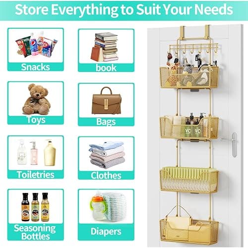 HapiRm Over The Door Organizer - Hanging Door Organizer with 4 Metal Large Capacity Baskets and Adjustable Coat Hook for Bathroom Bedroom Kitchen Pantry Closet Cabinet thumbnail 4