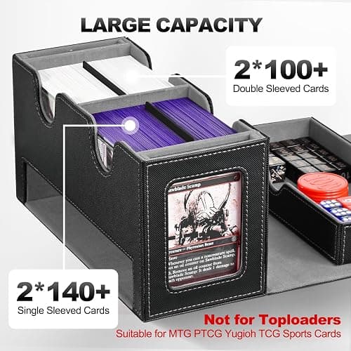 UAONO Card Deck Box for MTG, Double Storage Box with 2 Commander Display & 1 Dice Tray, Fits 200+ Double Sleeved, Organizer for CCG TCG Sports(Black Gray) thumbnail 4