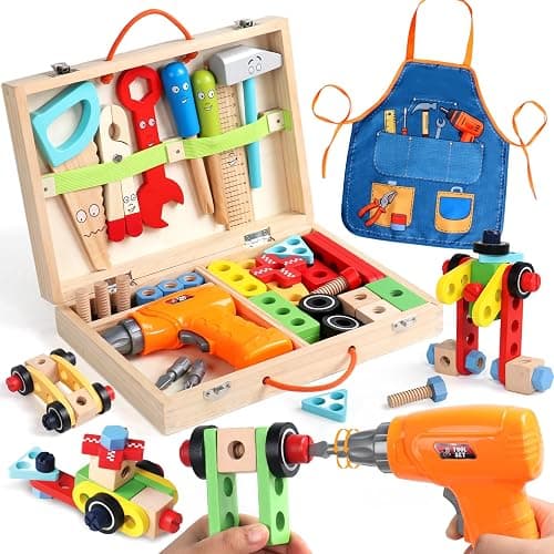 TONZE Wooden Kids Tool Set with Drill, Montessori Toys for 3 Year Old Boys | 44 Pcs with Apron & Box Easy Storage STEM Tool Set for Pretend & Fine Motor Skills Birthday Gifts for 3 4 5 Year Old Boy Girl - Image 1