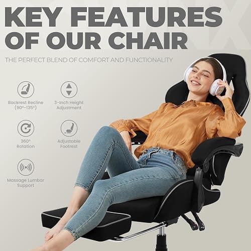 Dowinx Gaming Chair Fabric with Pocket Spring Cushion, Massage Game Chair Cloth with Headrest, Ergonomic Computer Chair with Footrest 290LBS, Black thumbnail 6