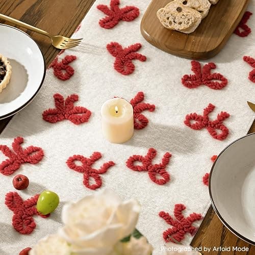 Artoid Mode Soft Coral Fleece Jacquard Red Bows Table Runner, Kitchen Dining Table Decoration for Home Party Decor 13x72 Inch thumbnail 8