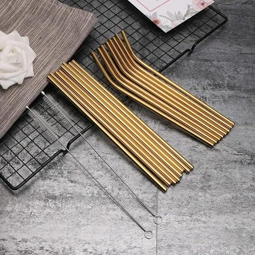 18 Piece Gold Stainless Steel Straws, 8.5 '' Reusable Drinking Straws,with Portable pouch,Suitable for wine and cold drinks (8 Straight/8 Bent/2 Brushes) thumbnail 2