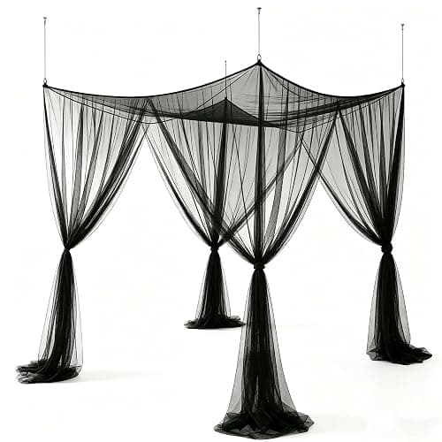 Anmas Home Mosquito Net Bed Canopy with 66ft LED Star String Lights, Black Netting Four Corner Post Curtains Elegant Mosquito Net thumbnail 8