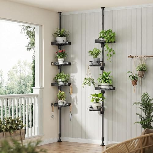 shuang qing 360° Rotating Corner Shower Caddy Tension Pole Organizer - 4-Tier Adjustable Rustproof Metal Pole, Plastic Shelves with Safety Guardrail, Bathroom Storage for Shower & Bathtub(Black) thumbnail 7