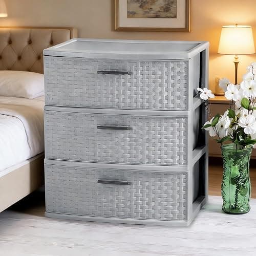 3-Drawer Wide Weave Tower, Plastic Storage Box with Pull Handles, Decorative Cabinet for Bedroom, Bathroom & Office, Gray thumbnail 7