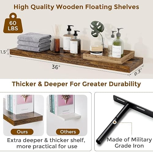 Feihorrm 90CM Long Floating Shelves Set of 2, 23.5cm Deep Rustic Wall Shelf, Modern Style, 2 Shelves, Wall-Mounted, Unisex, Living Room thumbnail 3