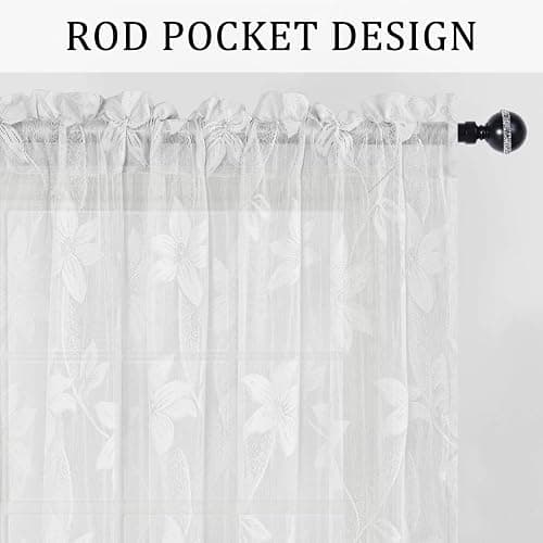 DWCN White Floral Lace Sheer Curtains - Rod Pocket Window Voile Sheer Drapes for Bedroom Kitchen Short Curtains 52 x 45 inch Length, Set of 2 Curtain Panels thumbnail 3
