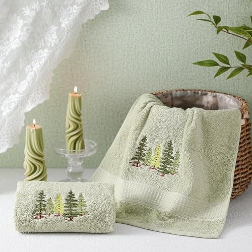 SmoothNovelty 2 Pcs Forest Hand Towels Gray Green Bathroom Decor 14x29 Inch Embroidered 100% Cotton Soft Absorbent Nature Scene Decorative Hand Towels for Bathroom Kitchen thumbnail 4