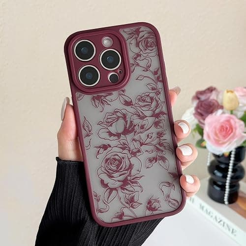 XIZYO Hülle für iPhone 14 Pro Max 6,7 Zoll, Niedlich Matt Rose Blume Floral Muster Ästhetisch Handyhülle, für Mädchen Frauen Luxus Weiche TPU Stoßfest Schutzhülle, Zweig Rose/Wein Rot thumbnail 8