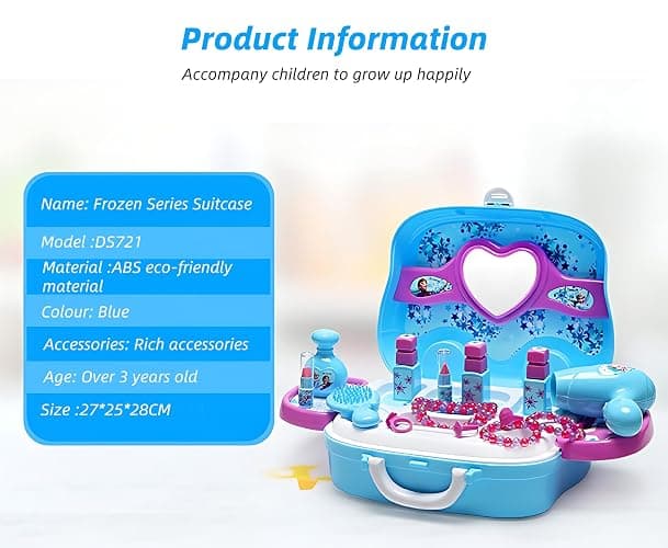 Disne Frozen Girls Makeup Role-Playing Set: 3-in-1 Beauty Luggage with Fashion Accessories, Made of Safe ABS Material, Princess Role-Playing Toy for Girls, Birthday Gifts (Blue) thumbnail 6