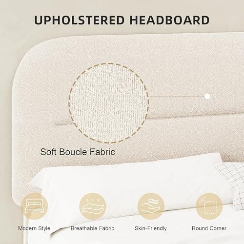 HOMBCK King Size Bed Frame, Upholstered Boucle Bed Frame King with Headboard, Soft Cloud Bed Frames with Thickened Footboard, Rounded Corners, No Box Spring Required, Easy Assembly, Cream thumbnail 4