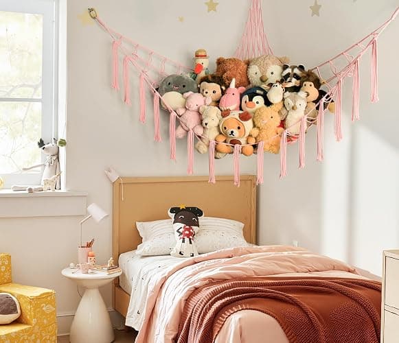 Stuffed Animal Storage Hammock Corner Net - Pink Room Christmas Decor for Teen Girls - Toys Storage Hanging Stuff Animal Organizer Holder Cute Stuff - Boho Nursery Dorm Bedoom Decor Aesthetic thumbnail 4