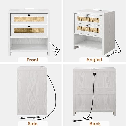 LIKIMIO Night Stand, 23" Wide Nightstand with Charging Station, Boho Side Table with Drawers and Open Shelf, Rattan Bedside End Table for Bedroom, White Oak thumbnail 9
