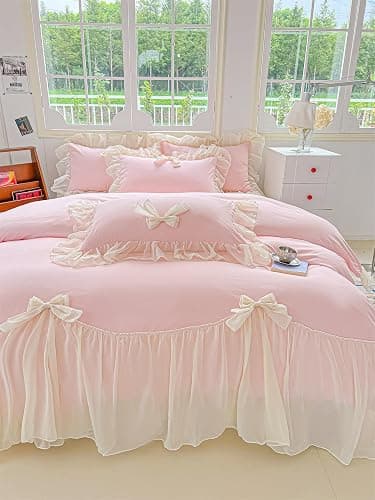 SOUKECHY Girls Lace Bedding,Pink Full Comforter Cover Set, Chic Ruffled Duvet Cover with Lovely Bow,Princess Style 1 Duvet Cover with 2 Pillowcases, No Comforter-Pink,Full Size thumbnail 9