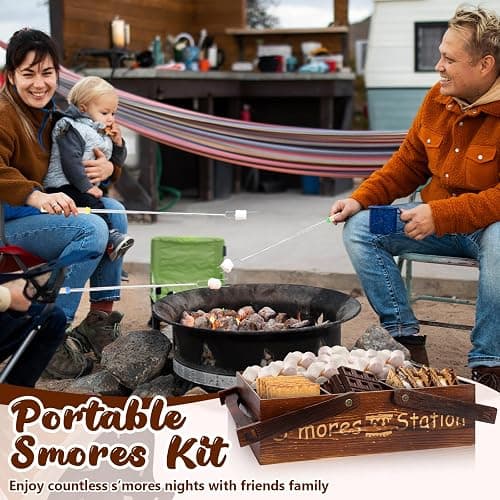 Portable Smores Kit 4 In 1 Smores Caddy Organizer with Handle 6 Pcs 32 Inch Marshmallow Roasting Sticks Dark Brown Smores Basket Tray with Handles Wooden Smores Maker Box with Lid for Camping Outdoor thumbnail 2