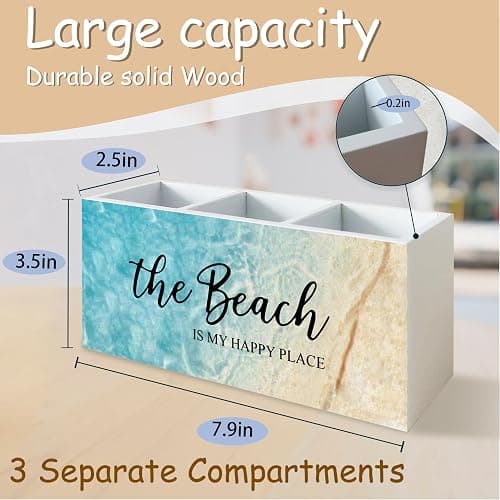 YTRGI Beach Gifts for Women Men, The Beach Is My Happy Place Pen Holder for Home Office Kitchen Desk Decor, Beach Wooden Pencil Holder Sign Organizer for Home Office Desk Accessories, thumbnail 2
