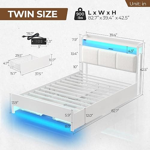 Rolanstar Bed Frame Twin Size with Charging Station and LED Lights, Upholstered Storage Headboard with Drawers, Heavy Duty Metal Slats, No Box Spring Needed, Noise Free, Easy Assembly, White thumbnail 3