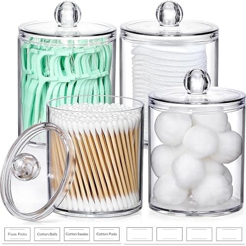 4 Pack Acrylic Qtip Holder Dispenser for Cotton Swabs, Balls, Pads, Floss Picks- Small Clear Acrylic Canister Apothecary Jar Set, Bathroom Essentials Accessories Decor, Vanity Makeup Storage Organizer - Image 1
