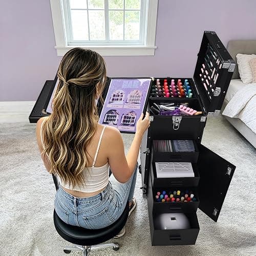 BYOOTIQUE Portable Manicure Table Nail Station Rolling Makeup Case with 4 Drawers Nail Table Storage for Makeup Artist Nail Tech Manicurist, Black, 33" x 16" x 31" thumbnail 2