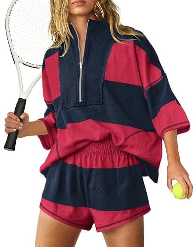 ReachMe Womens Workout Striped Short Sets 2 Piece Outfits Summer Matching Lounge Sets Top and Shorts with Pockets thumbnail 7