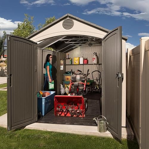 Lifetime 15×8 Ft Dual‑Entry Outdoor Storage Shed, Steel‑Reinforced, UV‑Protected, Weather‑Resistant Backyard Garden Shed with Skylights, Windows & Shelving, Desert Sand thumbnail 7
