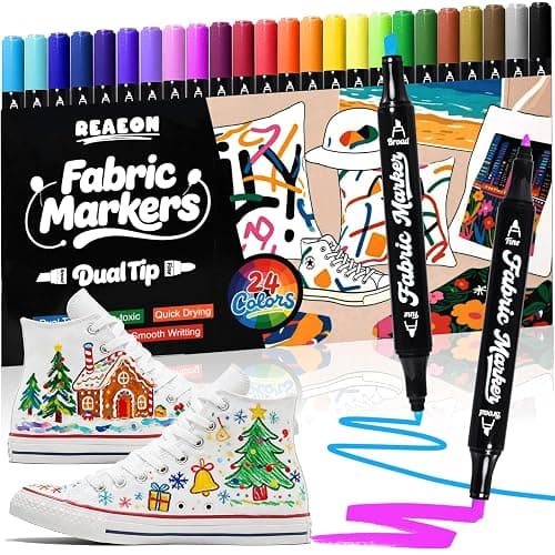 Reaeon Fabric Markers Pen, 24 Colors Dual Tip Fabric & T-Shirt Marker Set, Permanent Fabric Paint Pens for Clothing Canvas Tote Bags and Shoes (Chisel & Fine Tip) - Image 1