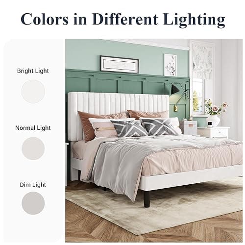 Allewie Queen Bed Frame, Velvet Upholstered Platform Bed with Adjustable Vertical Channel Tufted Headboard, Mattress Foundation with Strong Wooden Slats, Box Spring Optional, Easy Assembly, White thumbnail 8