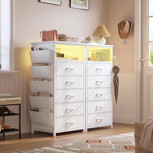 EnHomee Tall Night Stand Set 2 with 5 Drawers, LED Nightstand with Ports & Outlets, White Dresser with Extra Side Bag & Storage Shelf & Hooks, Bedroom, Dorm, Closet thumbnail 2